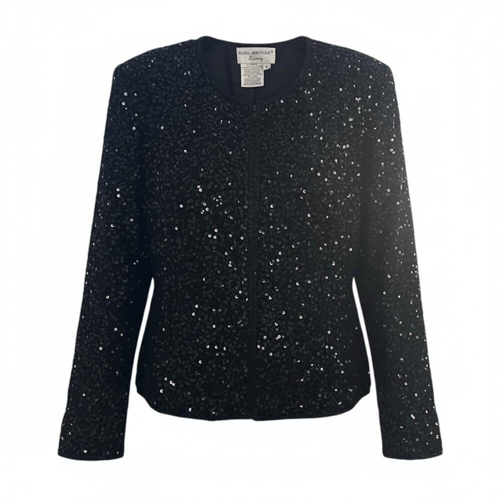 Papell Boutique L Black Sequin Silk Jacket Evening Blazer Hook Eye Holiday Party